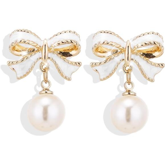 Gold Pearl Bow Earrings - Trendy White Coquette Ribbon Dangle Jewelry for Women - Picture 1 of 7